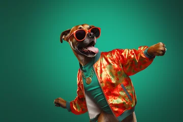Rollo Dog wearing colorful clothes and sunglasses dancing © Ainur