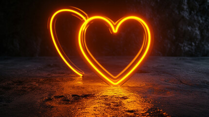 A heart in vibrant orange and yellow neon light against a black background, symbolizing technology and rendered in a three-dimensional style.