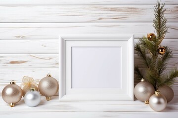 Christmas white blank picture frame with copy space template. Christmas tree toys, Christmas decoration on boardwalk white wooden background. - Powered by Adobe