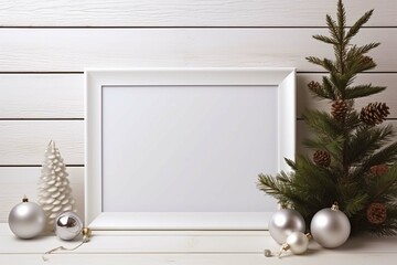 Christmas white blank picture frame with copy space template. Christmas tree toys, Christmas decoration on boardwalk white wooden background. - obrazy, fototapety, plakaty