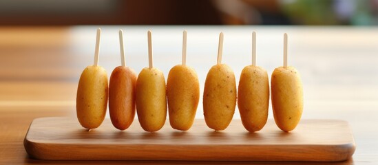 Mini corn dogs made at home, viewed from the side on a wooden board.