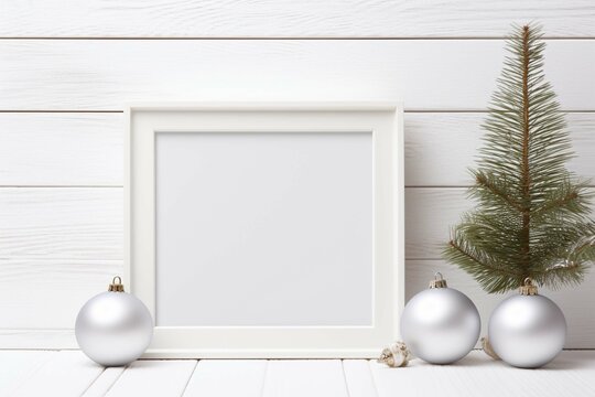 Christmas white blank picture frame with copy space template. Christmas tree toys, Christmas decoration on boardwalk white wooden background.