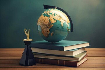 Education to learn study in world. Graduated student studying abroad international idea. Master degree hat on top globe book. Concept of graduate educational for long distance learning anywhere anytim