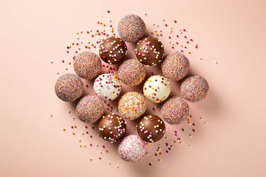 Easter concept. Top view photo of chocolate Easter eggs drakes sprinkles and meringue lollipops on isolated beige background with white circle in the middle