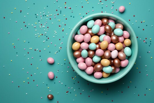 Easter sweets concept. Top view photo of Easter bunny ears chocolate eggs with drakes and sprinkles on turquoise background with empty space