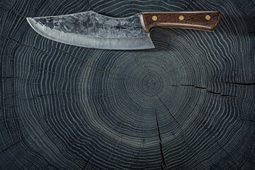 Big Meat Knife On Bog Oak Texture.