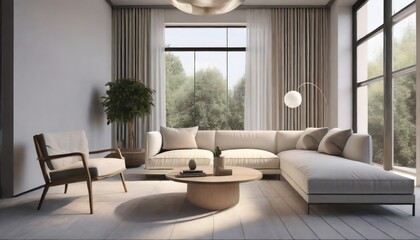 3d front view modern minimalis clean clear contemporary living room beige white sofa