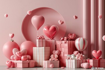 Valentine's day background with gift boxes and balloons 3D rendering