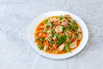 Spicy Glass Noodle Salad, mixed seafood with boiled vermicelli in chili sauce (Yum Woon Sen)
