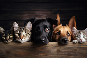 Dogs and cats peek over web banner together. AI Generative creates a cute pet group portrait with paw signs. - obrazy, fototapety, plakaty