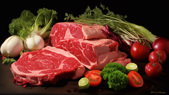 Raw Beef and Fresh Vegetables : Variety of vegetables and fresh meat cut up
