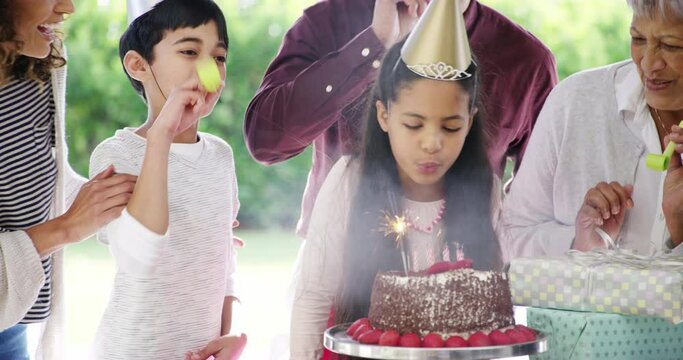 Birthday party, chocolate cake and child blow candles, flame and happy big family clap, applause or cheers for growing girl. Sparkler, dessert and kid celebration, congratulations or excited at event