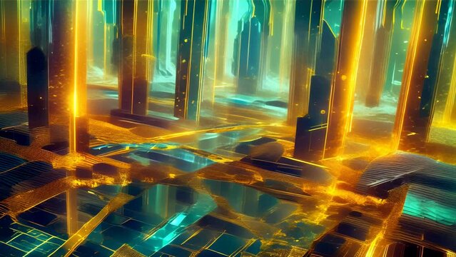 A fantastical landscape lined with numerous crystals gleaming in gold, exuding a futuristic ambiance.
