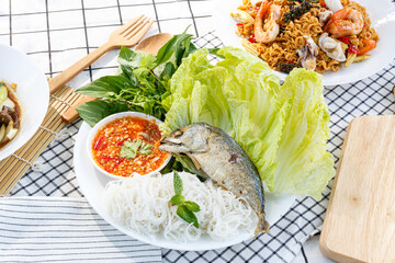Thai food, Mackerel Miang or mackerel with vegetables and white noodles Arranged
