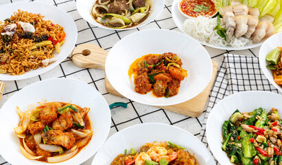 variety of Thai food Including menu Miang, crispy pork, steamed shrimp with vermicelli