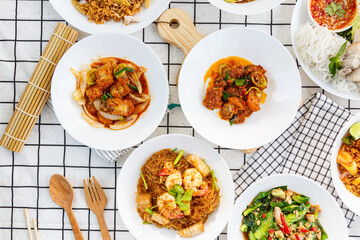 variety of Thai food Including menu Miang, crispy pork, steamed shrimp with vermicelli
