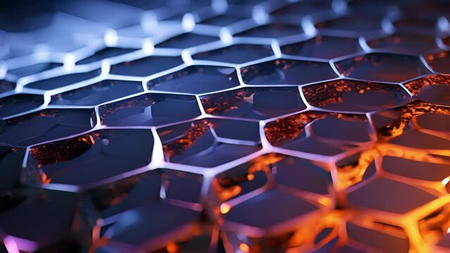 A visually striking closeup of a graphene surface, revealing an array of individual carbon atoms arranged in a hexagonal lattice. This , captured by a quantum tunneling microscope, demonstrates