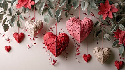Valentines day background with red paper hearts