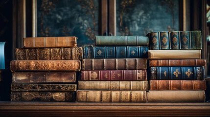 stacks of old books on a wooden shelf background, world book day