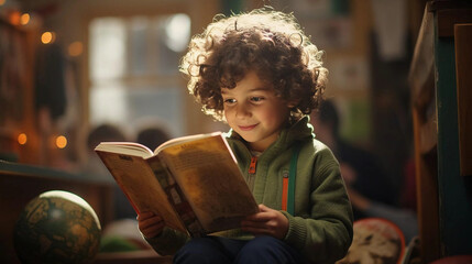 A little kid reading a book sitting at a kindergarten, world book day - obrazy, fototapety, plakaty