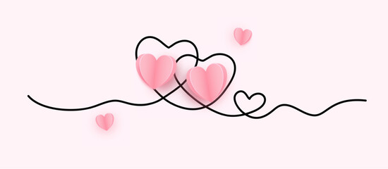 Heart shape border and continuous line, with realistic paper heart on pink, background for valentines.