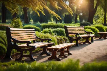 A lovely park garden with two wooden benches