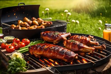 A portable barbecue grills spicy spare ribs, a variety of vegetables, and chicken drumsticks outside in a spring meadow dotted with dandelions - obrazy, fototapety, plakaty