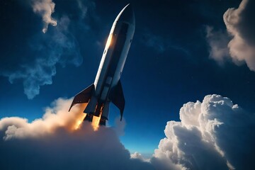 A starry sky with a spaceship rocket. With clouds of smoke, a spacecraft takes off into space