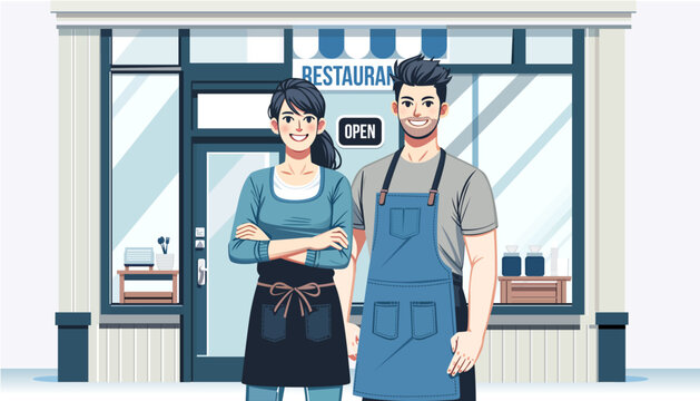 small business owner couple cafe restaurant entrepreneur coffee shop eatery illustration