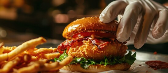 Pick up the shrimp burger using clean gloves.