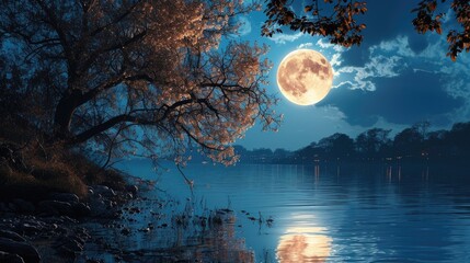 Beautiful moon at night that is shining over the water