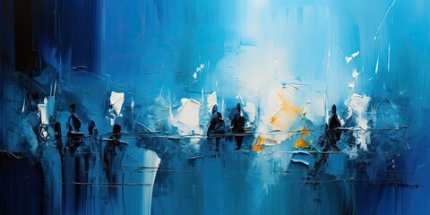 An abstract painting of blue splatters and paint