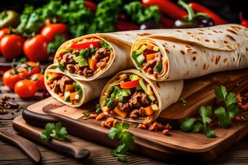 Delicious homemade burrito with beef and veggies against a wooden backdrop