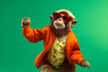 Cute Monkey wearing colorful clothes dancing on the blue background 