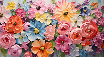 A painting of a field of flowers with a variety of colors. The painting is full of life and energy, and it conveys a sense of happiness