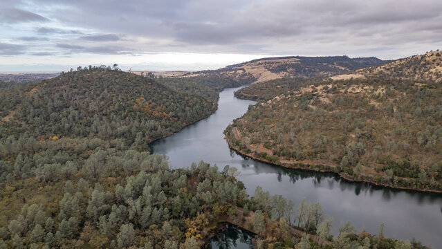 Drone photos over beautiful landscape in Oroville, California with clouds, rivers, roads and more