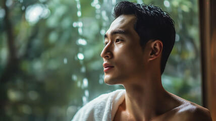 photo of handsome korean man. skincare, spa concept