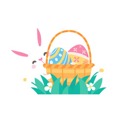Fototapeta premium Cartoon little bunny in a basket of Easter eggs painted with bright patterns.