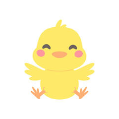 Cartoon chick with Easter eggs in the grass and Easter egg search activity with children.