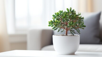 jade plant crassula ovata Contemporary Home Interior with Stylish Furniture, Plant Decoration, and Elegant Design in a Modern Living Room