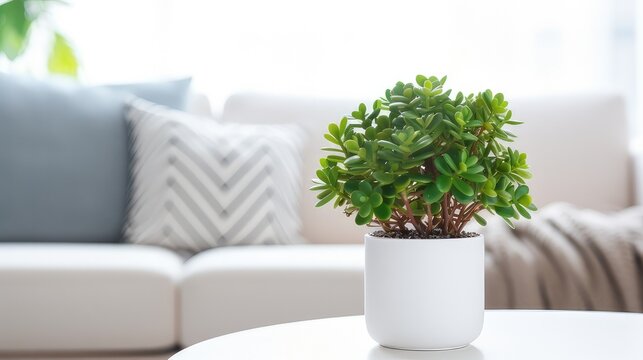 jade plant crassula ovata Contemporary Home Interior with Stylish Furniture, Plant Decoration, and Elegant Design in a Modern Living Room