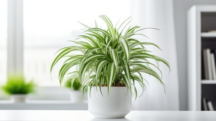 spider plant chlorophytum comosum in minimalist room - obrazy, fototapety, plakaty