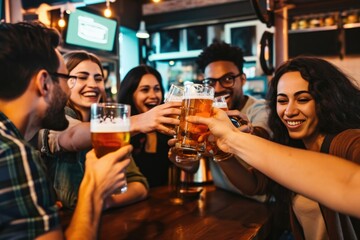 group of people cheering and drinking beer at bar pub table -Happy young friends enjoying happy hour at brewery restaurant-Youth culture-Life style food and beverage - obrazy, fototapety, plakaty