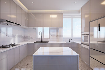 Modern Kitchen interior,with cabinet, top table white marble. 3D illustration
