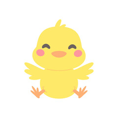 Cartoon chick with Easter eggs in the grass and Easter egg search activity with children.