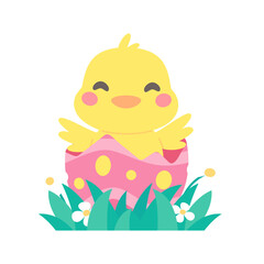 Cartoon chick with Easter eggs in the grass and Easter egg search activity with children.