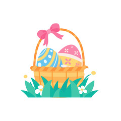 Cartoon little bunny in a basket of Easter eggs painted with bright patterns.