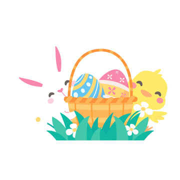 Cartoon chick with Easter eggs in the grass and Easter egg search activity with children.