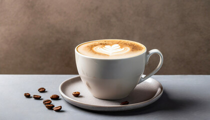 Obraz premium Cup of cappuccino on the table, gray and brown background