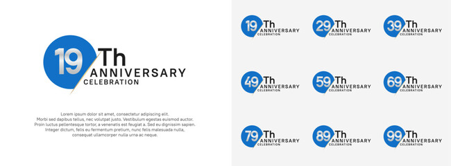 anniversary logo style vector sets. blue circle and silver number for celebration